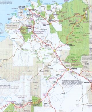 Map showing the route we take on the 'Best of Top End Birding' tour. The numbers signify our location for each night.  (photo copyright Tourism NT)